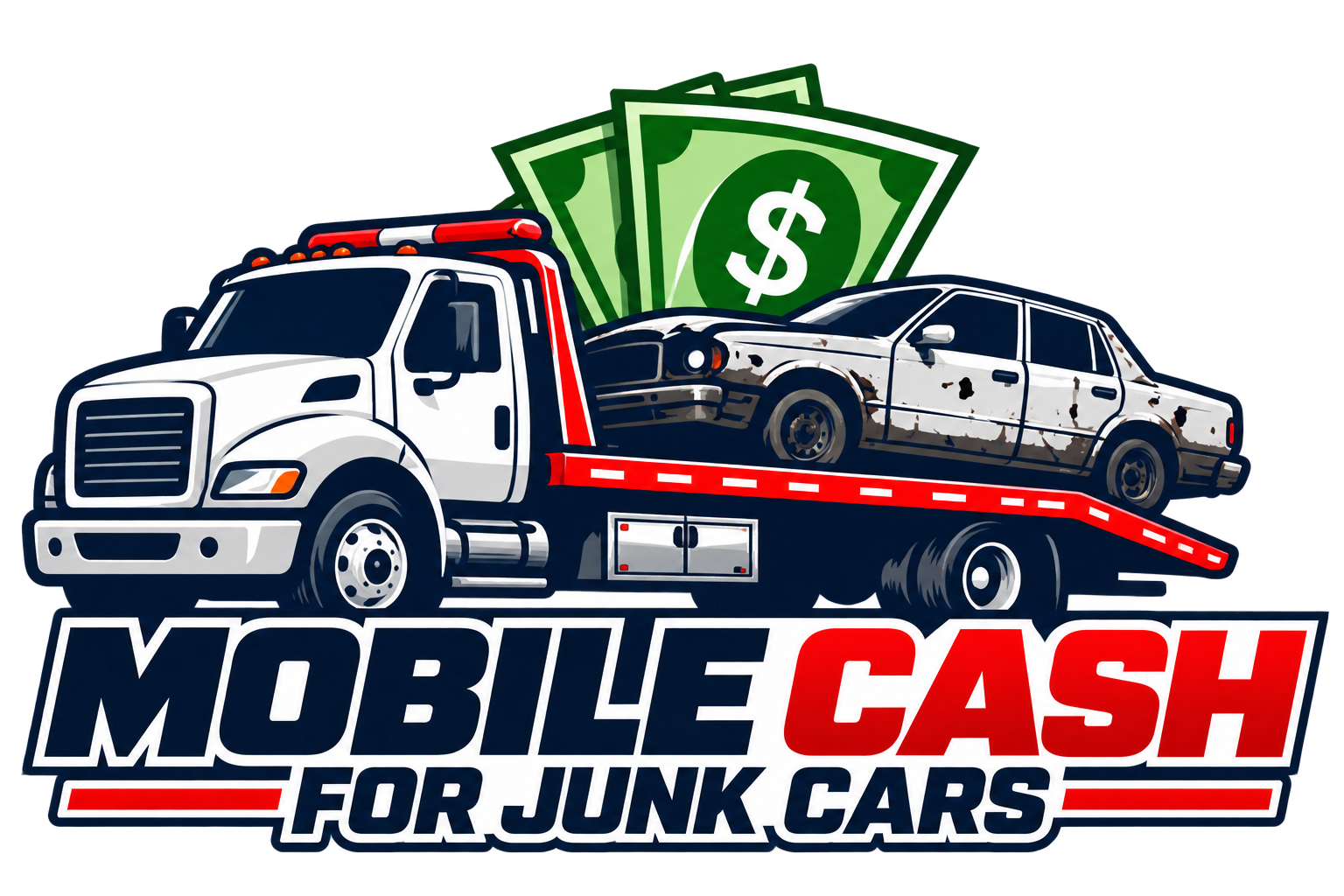 Mobile Cash for Junk Cars logo with tow truck, car and cash